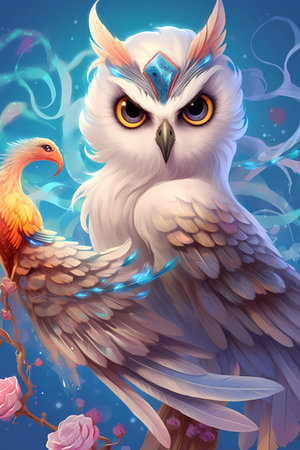 Cute and adorable fantasy owl , sunset background, blood backgroun, Bird-of-Paradise, sparrow, full body, shiny metallic jeweled depth, glowing smoke neon eyes, hoarfrost metal lace, fantasy, sunlightの素材