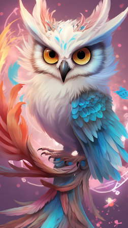Cute and adorable fantasy owl , sunset background, blood backgroun, Bird-of-Paradise, sparrow, full body, shiny metallic jeweled depth, glowing smoke neon eyes, hoarfrost metal lace, fantasy, sunlightの素材