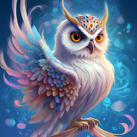 Cute and adorable fantasy owl , sunset background, blood backgroun, Bird-of-Paradise, sparrow, full body, shiny metallic jeweled depth, glowing smoke neon eyes, hoarfrost metal lace, fantasy, sunlightの素材