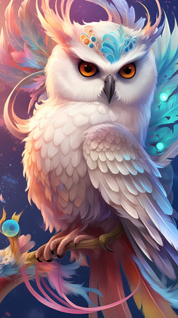 Cute and adorable fantasy owl , sunset background, blood backgroun, Bird-of-Paradise, sparrow, full body, shiny metallic jeweled depth, glowing smoke neon eyes, hoarfrost metal lace, fantasy, sunlightの素材