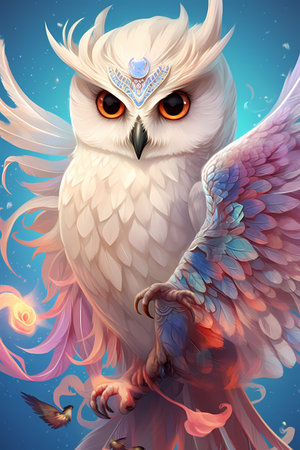 Cute and adorable fantasy owl , sunset background, blood backgroun, Bird-of-Paradise, sparrow, full body, shiny metallic jeweled depth, glowing smoke neon eyes, hoarfrost metal lace, fantasy, sunlightの素材