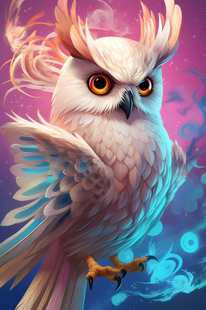 Cute and adorable fantasy owl , sunset background, blood backgroun, Bird-of-Paradise, sparrow, full body, shiny metallic jeweled depth, glowing smoke neon eyes, hoarfrost metal lace, fantasy, sunlightの素材