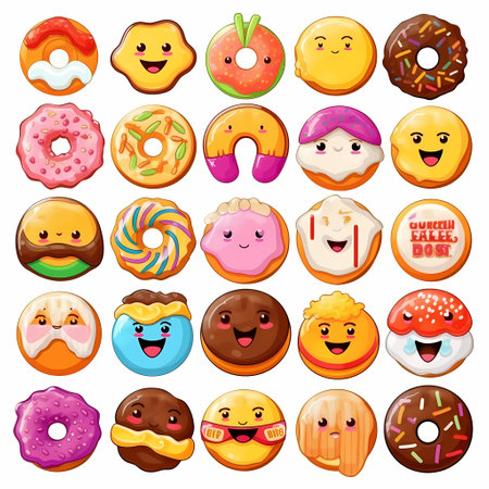 Cartoon donuts set. with pink and blue icing, covered with chocolate and sprinkles. isolated vector illustration.の素材