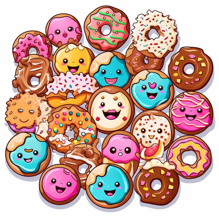 Cartoon donuts set. with pink and blue icing, covered with chocolate and sprinkles. isolated vector illustration.の素材