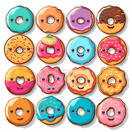 Cartoon donuts set. with pink and blue icing, covered with chocolate and sprinkles. isolated vector illustration.の素材