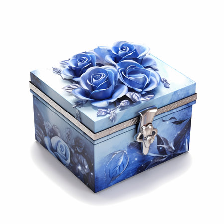 Fresh flowers and gift box with ribbon on classic blue backgroundの素材