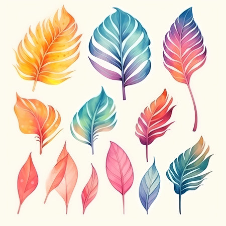 Bouquets of tropical plants in pastel colors watercolor vector illustration isolated on whiteの素材