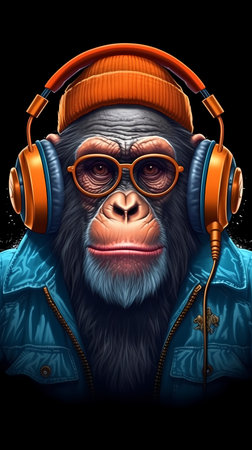 Monkey wearing sunglasses with headphones enjoys the music. wildlife. illustration, generative aiの素材