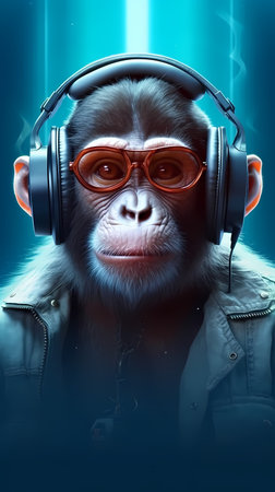 Monkey wearing sunglasses with headphones enjoys the music. wildlife. illustration, generative aiの素材