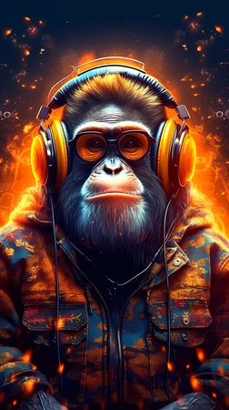Monkey wearing sunglasses with headphones enjoys the music. wildlife. illustration, generative aiの素材