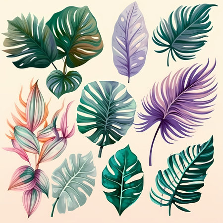 Bouquets of tropical plants in pastel colors watercolor vector illustration isolated on whiteの素材