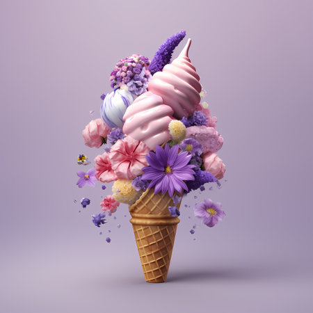 a cup filled with ice cream next to a pile of lavender flowers on a purple background with a purple background behind the cup is an ice cream cone. generative aiの素材
