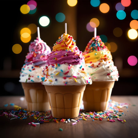Triple Scoop Ice Cream Cone. Vanilla, Chocolate, Strawberry Ice...の素材