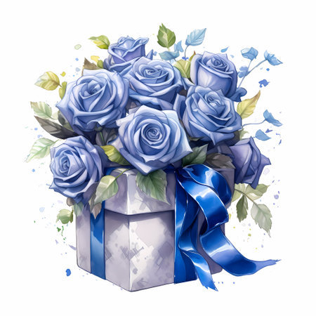 Fresh flowers and gift box with ribbon on classic blue backgroundの素材