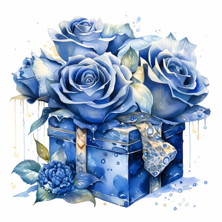 Fresh flowers and gift box with ribbon on classic blue backgroundの素材
