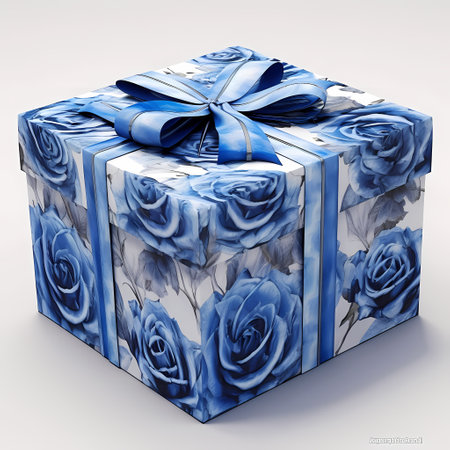 Fresh flowers and gift box with ribbon on classic blue backgroundの素材