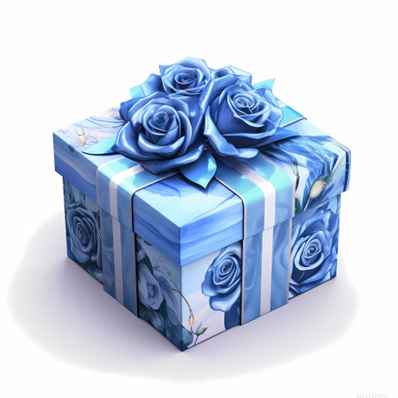 Fresh flowers and gift box with ribbon on classic blue backgroundの素材