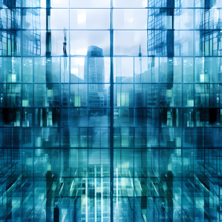 Reflection of a cloudy sky in glass wall of a buildingの素材