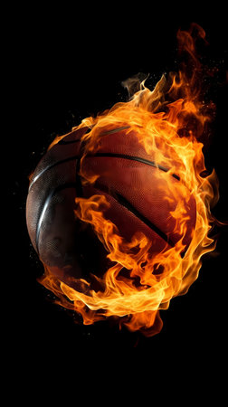 Basketball ball in fire and water isolated on the black backgroundの素材