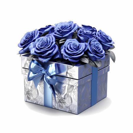 Fresh flowers and gift box with ribbon on classic blue backgroundの素材