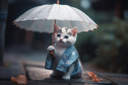Cute Maine Coon kitten hanfu holding sitting on miniature red chair on black backgroundの素材