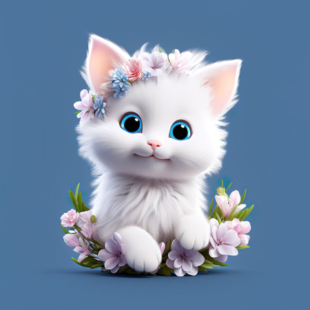 White cat next to white flowers bouquetの素材