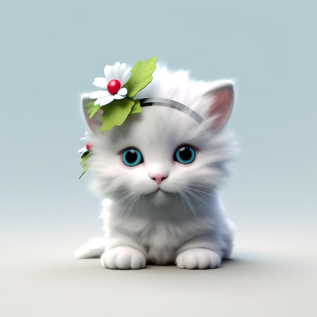White cat next to white flowers bouquetの素材
