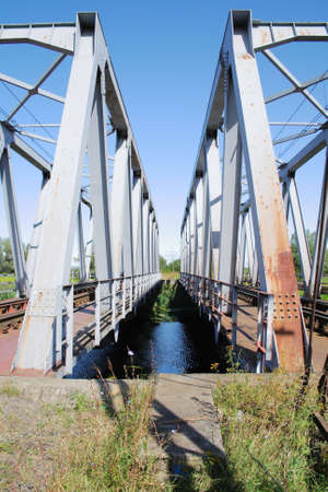 A perspective between two railway bridges over a river.の写真素材