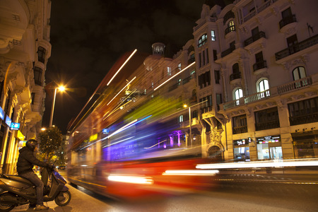 Moving Bus Lights - Night Traffic in Madrid, Spainのeditorial素材
