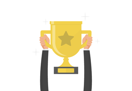 businessman hands holding winner trophy, symbol of success, vector illustration flat design style and isolated on white backgroundのイラスト素材