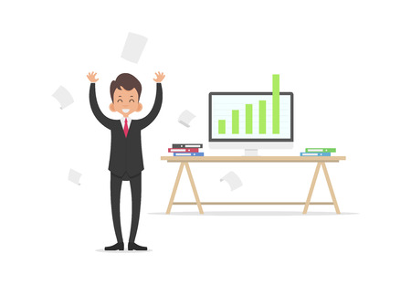 successful business man, happy people raised his hands standing in front of his computer and throws paper, success at work, vector illustration flat design style and isolated on white backgroundのイラスト素材
