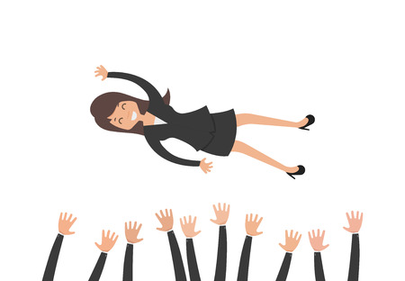 successful business woman happy and being throwing up in the air by her teamwork or colleague, celebrating with her team, vector illustration flat design style and isolated on white backgroundのイラスト素材