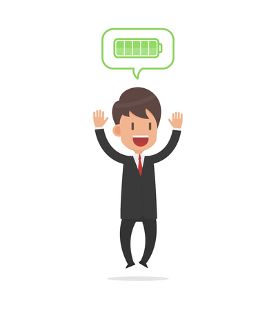 Cute businessman jumping and have a full of energy, full battery, Vector illustration flat design style and isolated on white backgroundのイラスト素材
