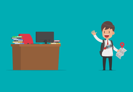 Cute businessman walk out of his desk for vacation and relaxation, Vector illustration flat design style and isolated on white backgroundのイラスト素材