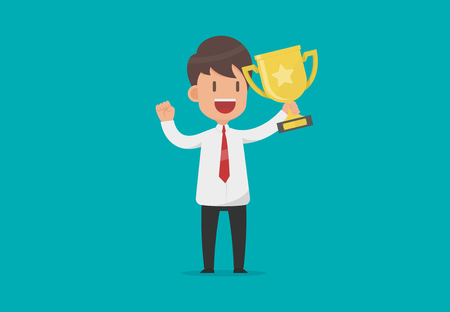 Successful cute businessman holding a trophy, Vector illustration flat design style and isolated on white backgroundのイラスト素材