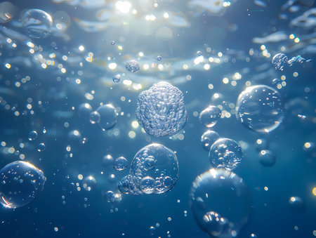 Bubbles in blue water with sunlight. Underwater background.の素材