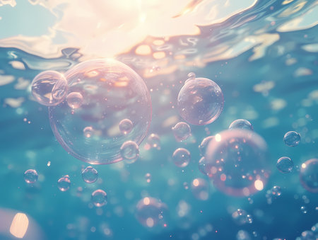 Soap bubbles floating in the water. 3d render illustration.の素材