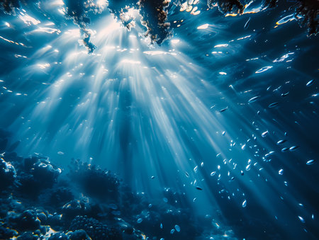 Underwater view of a tropical coral reef with sun rays shining throughの素材