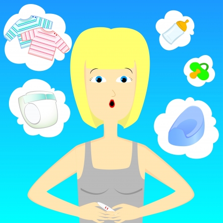 woman thinking adbout baby with pregnancy testのイラスト素材
