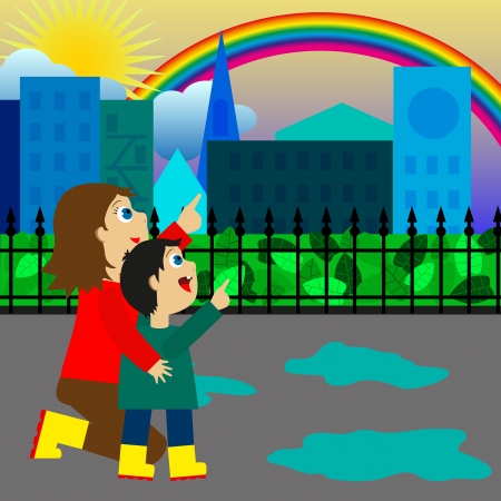 mother with her son look at rainbowのイラスト素材