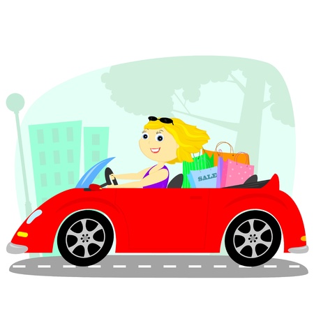 blonde rides on a red cabriolet after shoppingのイラスト素材