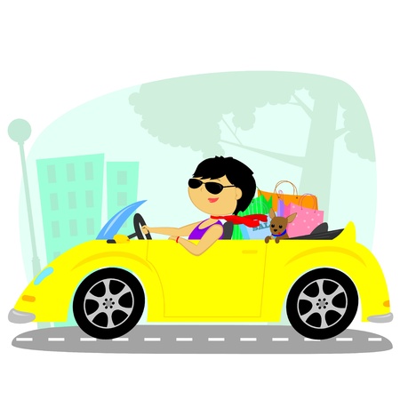 a woman with a dog makes shopping on the yellow carのイラスト素材