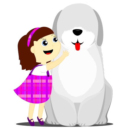 a happy little girl hugging a big dogのイラスト素材