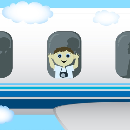 a little boy looking down from the window of the planeのイラスト素材
