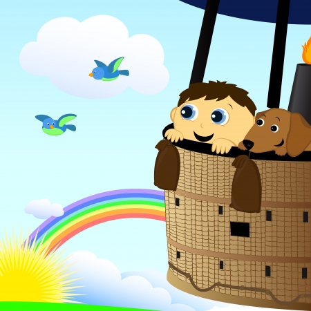 the boy and the dog fly in a hot air balloonのイラスト素材