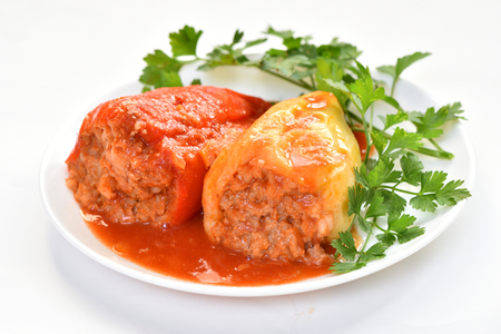 Stuffed pepper with meat, rice and carrots. Healthy food. Restaurant dish.の写真素材