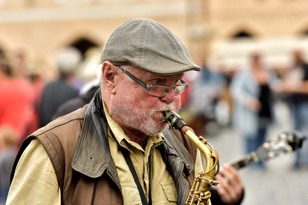 Czech Republic Prague July 17, 2018. A street musician plays the saxophone.
