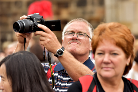 Czech Republic Prague June 26, 2018. Photographer on a city street.のeditorial素材