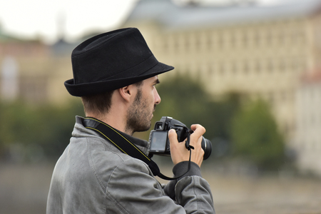 Czech Republic Prague June 26, 2018. Photographer on a city street.のeditorial素材