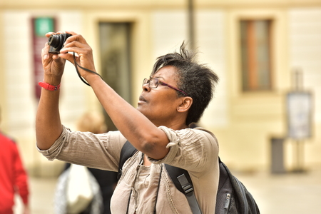 Czech Republic Prague June 26, 2018. Photographer on a city street.のeditorial素材